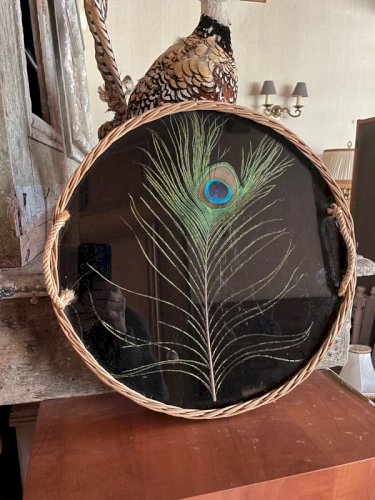 Grand plateau vintage rotin corde et plume de Paon ?