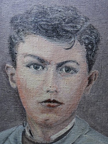 Grand portrait ancien, huile sur toile, jeune homme en blouse d'écolier XIXe-XXe