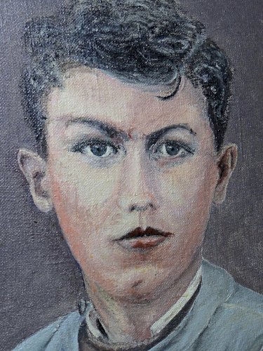 Grand portrait ancien, huile sur toile, jeune homme en blouse d'écolier XIXe-XXe