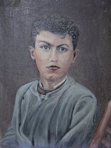 Grand portrait ancien, huile sur toile, jeune homme en blouse d'écolier XIXe-XXe