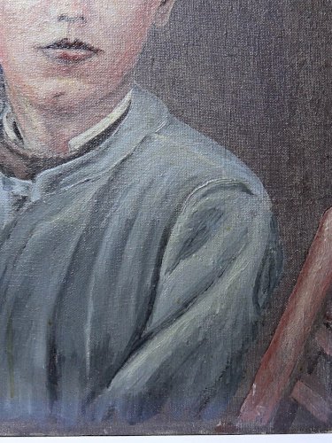 Grand portrait ancien, huile sur toile, jeune homme en blouse d'écolier XIXe-XXe