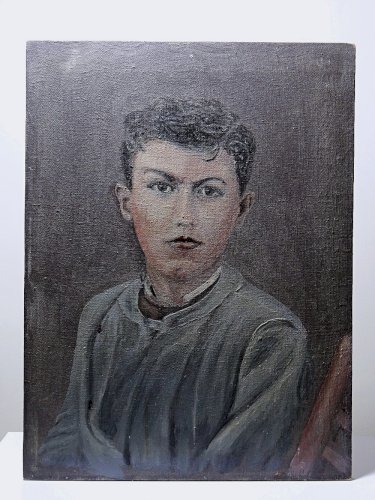 Grand portrait ancien, huile sur toile, jeune homme en blouse d'écolier XIXe-XXe