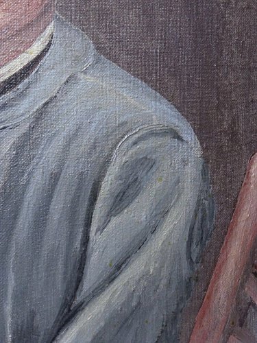 Grand portrait ancien, huile sur toile, jeune homme en blouse d'écolier XIXe-XXe