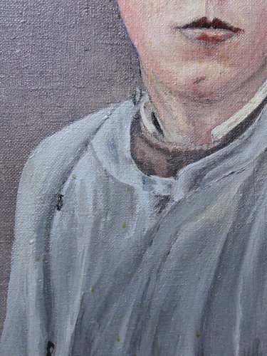 Grand portrait ancien, huile sur toile, jeune homme en blouse d'écolier XIXe-XXe