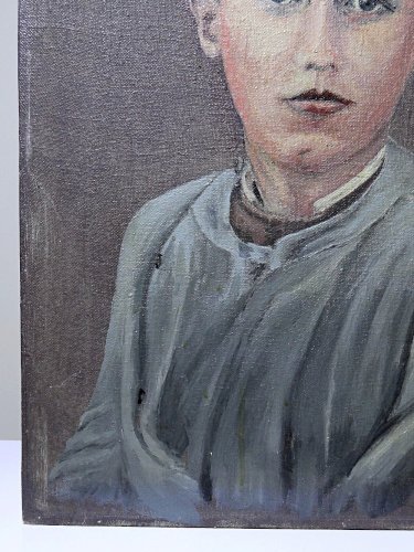 Grand portrait ancien, huile sur toile, jeune homme en blouse d'écolier XIXe-XXe