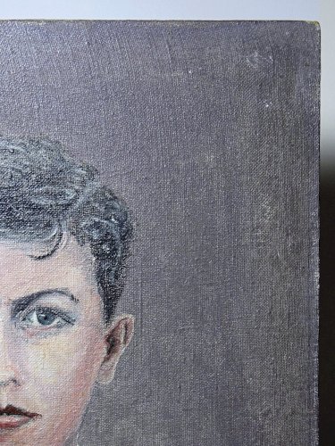 Grand portrait ancien, huile sur toile, jeune homme en blouse d'écolier XIXe-XXe