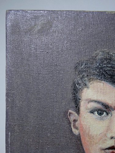 Grand portrait ancien, huile sur toile, jeune homme en blouse d'écolier XIXe-XXe