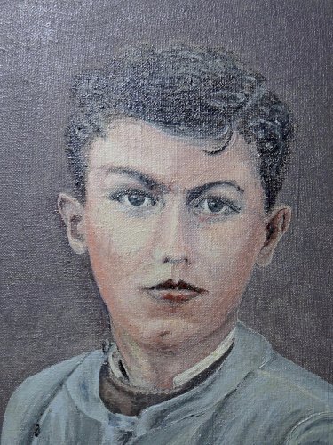 Grand portrait ancien, huile sur toile, jeune homme en blouse d'écolier XIXe-XXe