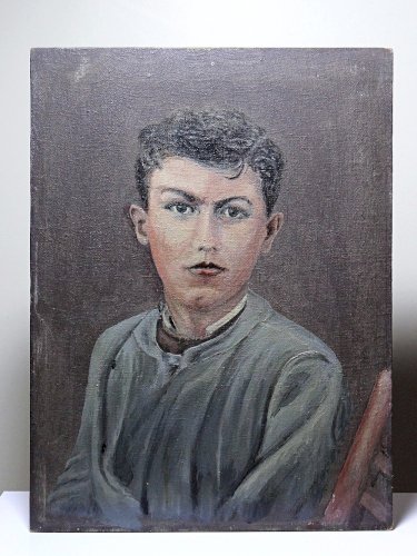 Grand portrait ancien, huile sur toile, jeune homme en blouse d'écolier XIXe-XXe