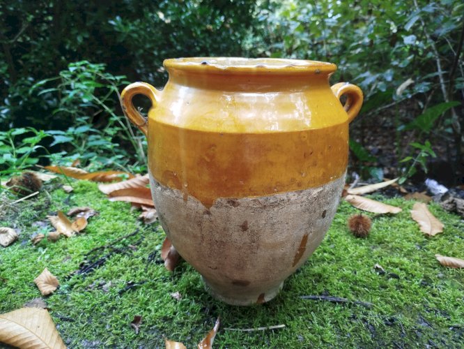 Grand pot à graisse ancien, pot à confit jaune 