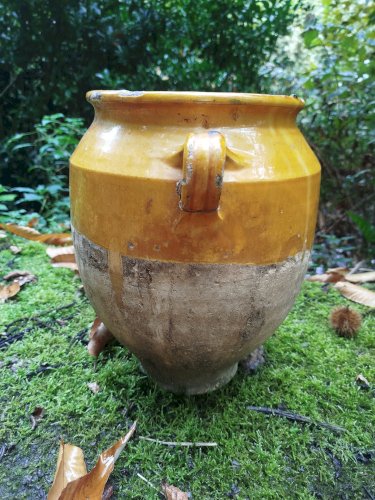 Grand pot à graisse ancien, pot à confit jaune 