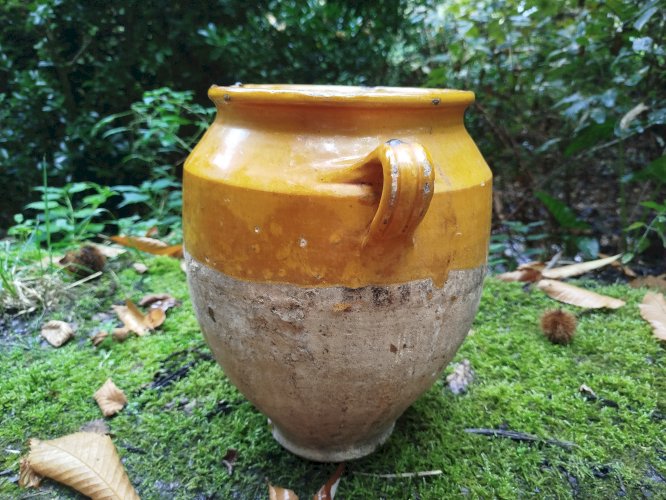 Grand pot à graisse ancien, pot à confit jaune 