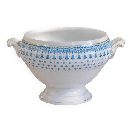 Grand saladier de 1909 en porcelaine Oscar Shaller bleu et or