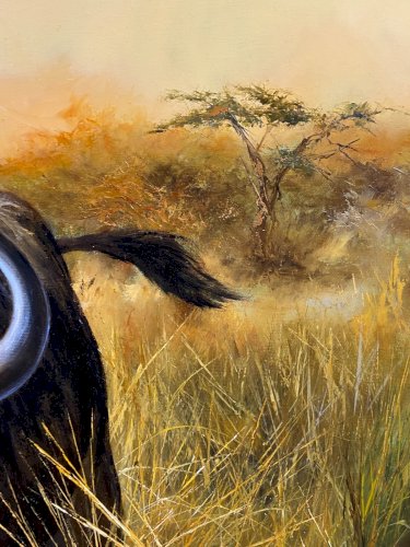 Grand tableau animalier signé Pierre COUZY au buffle dans la savane d'Afrique