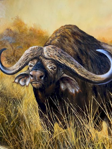 Grand tableau animalier signé Pierre COUZY au buffle dans la savane d'Afrique