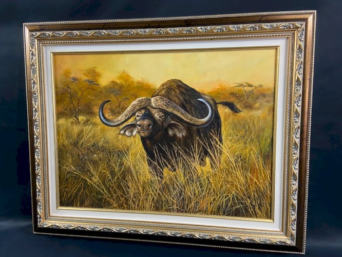 Grand tableau animalier signé Pierre COUZY au buffle dans la savane d'Afrique