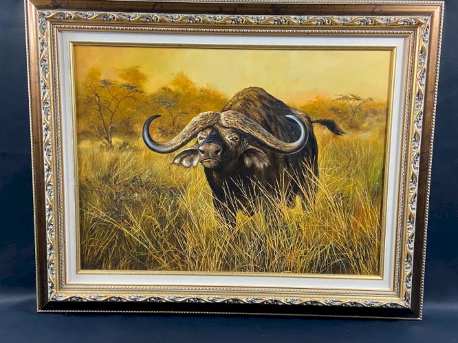 Grand tableau animalier signé Pierre COUZY au buffle dans la savane d'Afrique