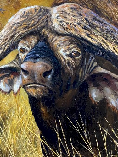Grand tableau animalier signé Pierre COUZY au buffle dans la savane d'Afrique