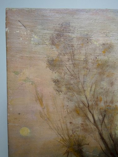 Grand tableau ferme sur étang ancien XIXe signature huile sur toile lin