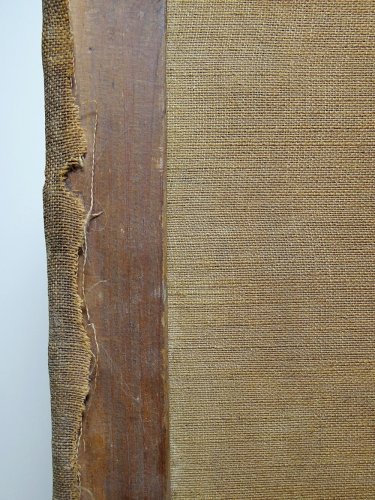 Grand tableau ferme sur étang ancien XIXe signature huile sur toile lin