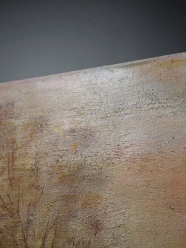 Grand tableau ferme sur étang ancien XIXe signature huile sur toile lin