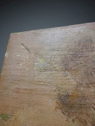 Grand tableau ferme sur étang ancien XIXe signature huile sur toile lin