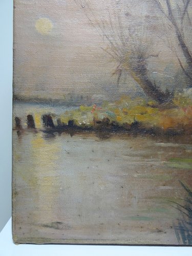 Grand tableau ferme sur étang ancien XIXe signature huile sur toile lin