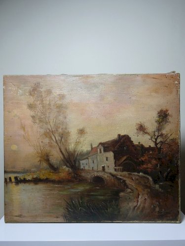 Grand tableau ferme sur étang ancien XIXe signature huile sur toile lin