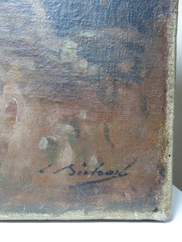 Grand tableau ferme sur étang ancien XIXe signature huile sur toile lin