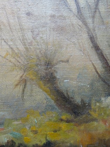 Grand tableau ferme sur étang ancien XIXe signature huile sur toile lin