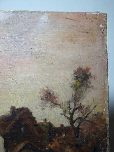Grand tableau ferme sur étang ancien XIXe signature huile sur toile lin