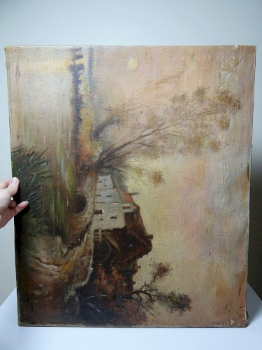 Grand tableau ferme sur étang ancien XIXe signature huile sur toile lin
