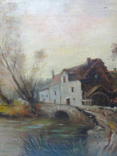 Grand tableau ferme sur étang ancien XIXe signature huile sur toile lin