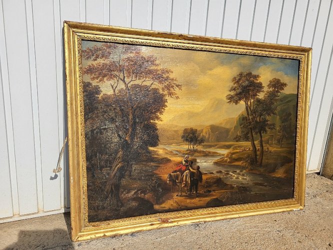 GRAND TABLEAU HUILE SUR TOILE ANIME DE PERSONNAGES ET ANIMAUX DU XIX ème SIECLE