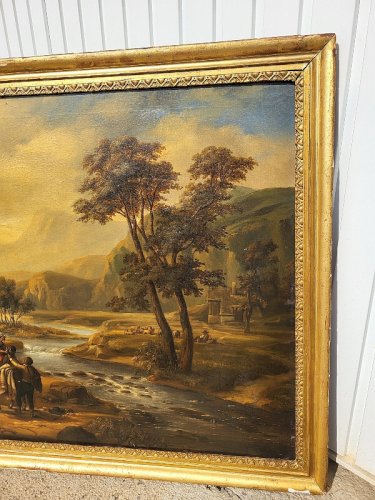 GRAND TABLEAU HUILE SUR TOILE ANIME DE PERSONNAGES ET ANIMAUX DU XIX ème SIECLE