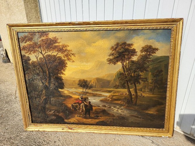 GRAND TABLEAU HUILE SUR TOILE ANIME DE PERSONNAGES ET ANIMAUX DU XIX ème SIECLE