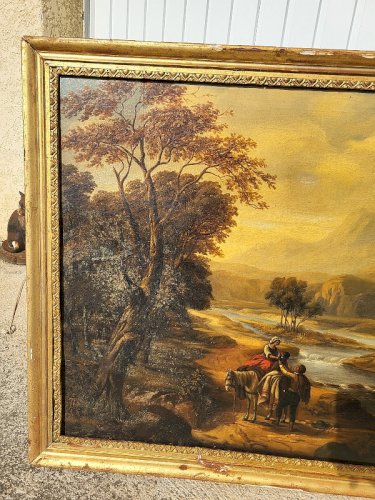 GRAND TABLEAU HUILE SUR TOILE ANIME DE PERSONNAGES ET ANIMAUX DU XIX ème SIECLE