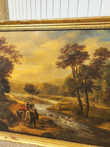 GRAND TABLEAU HUILE SUR TOILE ANIME DE PERSONNAGES ET ANIMAUX DU XIX ème SIECLE