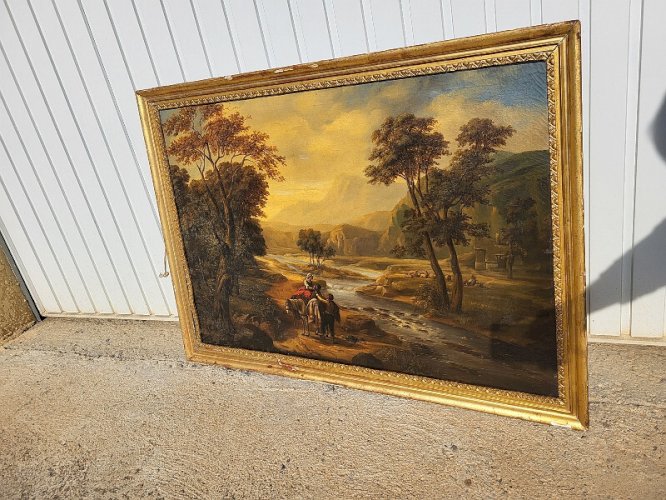 GRAND TABLEAU HUILE SUR TOILE ANIME DE PERSONNAGES ET ANIMAUX DU XIX ème SIECLE