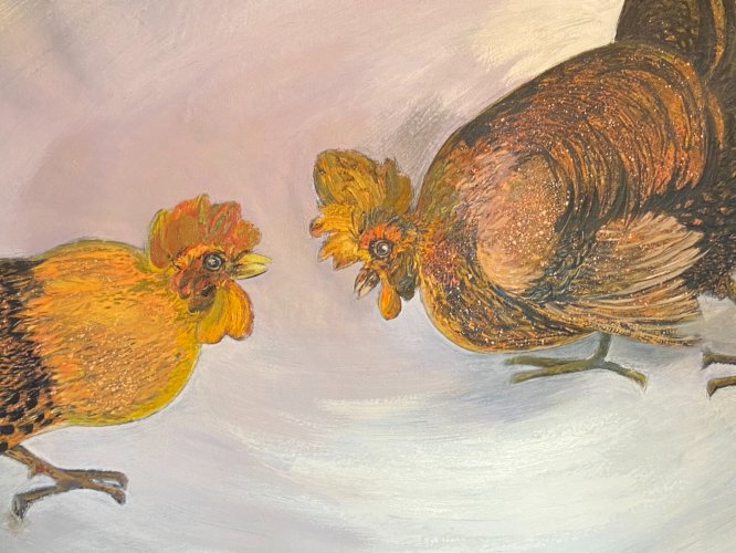Grand tableau huile sur toile au combat de coqs signée Yves BOUGEARD