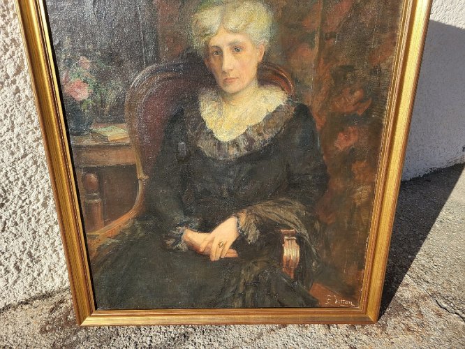 GRAND TABLEAU HUILE SUR TOILE D'UNE DAME SIGNE L. VITTON