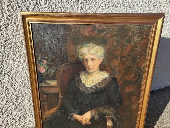 GRAND TABLEAU HUILE SUR TOILE D'UNE DAME SIGNE L. VITTON