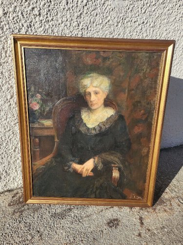 GRAND TABLEAU HUILE SUR TOILE D'UNE DAME SIGNE L. VITTON