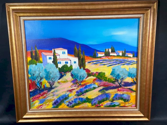 Grand tableau huile sur toile paysage provençal Manosque signé Claude Balta