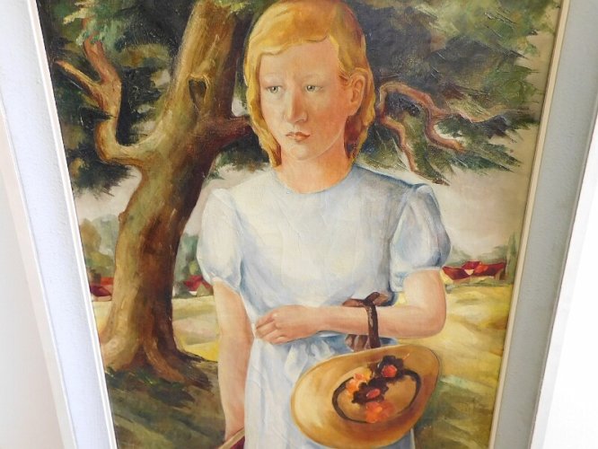 GRAND TABLEAU LA FILLE AU CHAPEAU 80X120 DE LUCIENNE BOSQUET