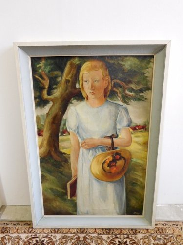 GRAND TABLEAU LA FILLE AU CHAPEAU 80X120 DE LUCIENNE BOSQUET