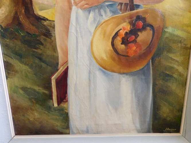 GRAND TABLEAU LA FILLE AU CHAPEAU 80X120 DE LUCIENNE BOSQUET