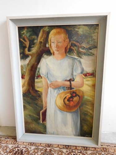 GRAND TABLEAU LA FILLE AU CHAPEAU 80X120 DE LUCIENNE BOSQUET