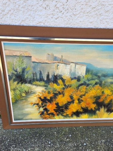 GRAND TABLEAU MAS AU GENETS HUILE SUR TOILE SIGNE ZAROU 1970