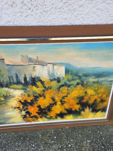 GRAND TABLEAU MAS AU GENETS HUILE SUR TOILE SIGNE ZAROU 1970